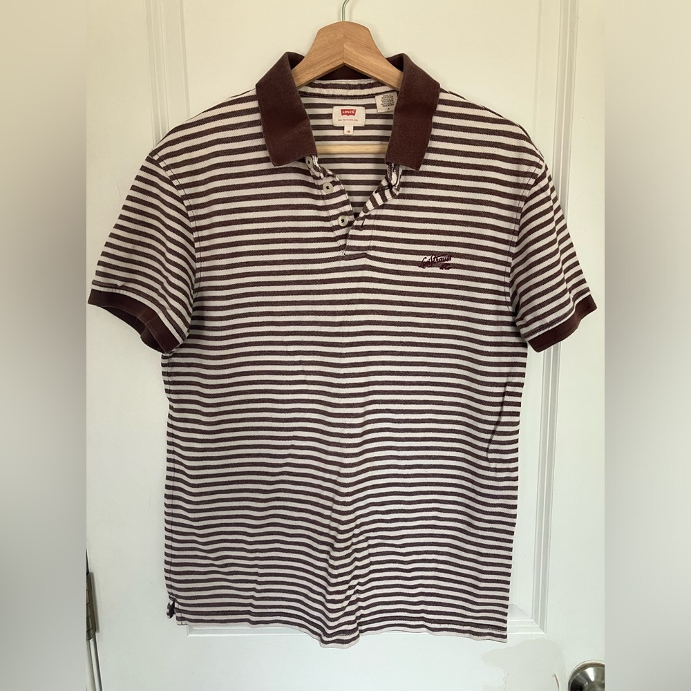 🎉 3/$15 Levi’s Mens Striped Brown & White Polo Shirt M